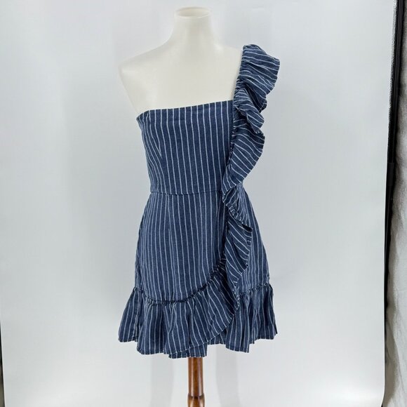 Alexis Konner one-shoulder striped mini dress in a blue and white linen blend, M - Picture 1 of 14